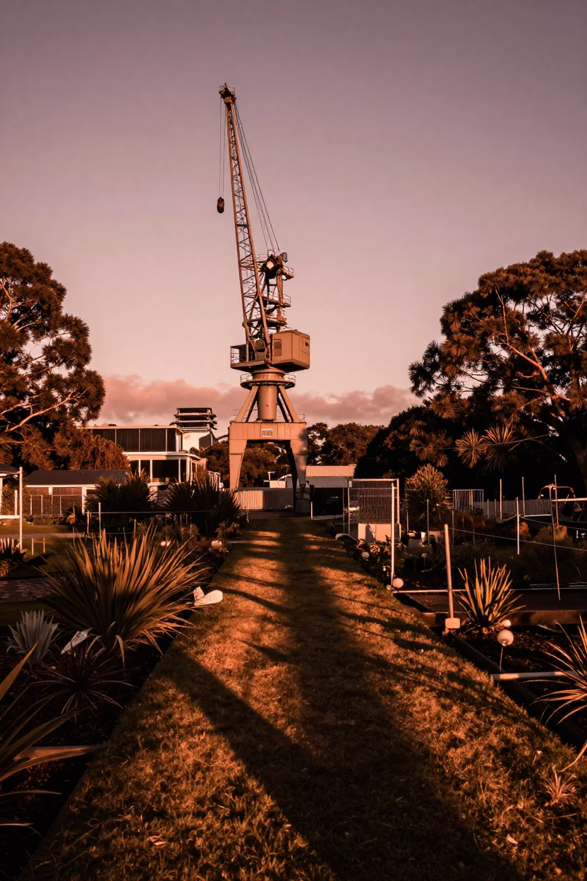 Auckland Viaduct Shadow Across Allotment Gardens in Copper Dusk Light in in Auckland, New Zealand