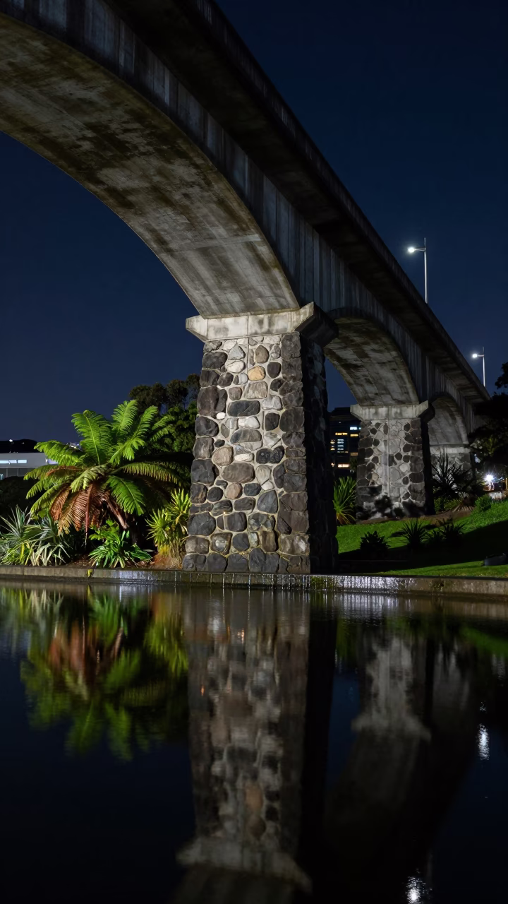 Auckland Viaduct Undercroft Night Drip and Ferny Stone Reflection in in Auckland, New Zealand