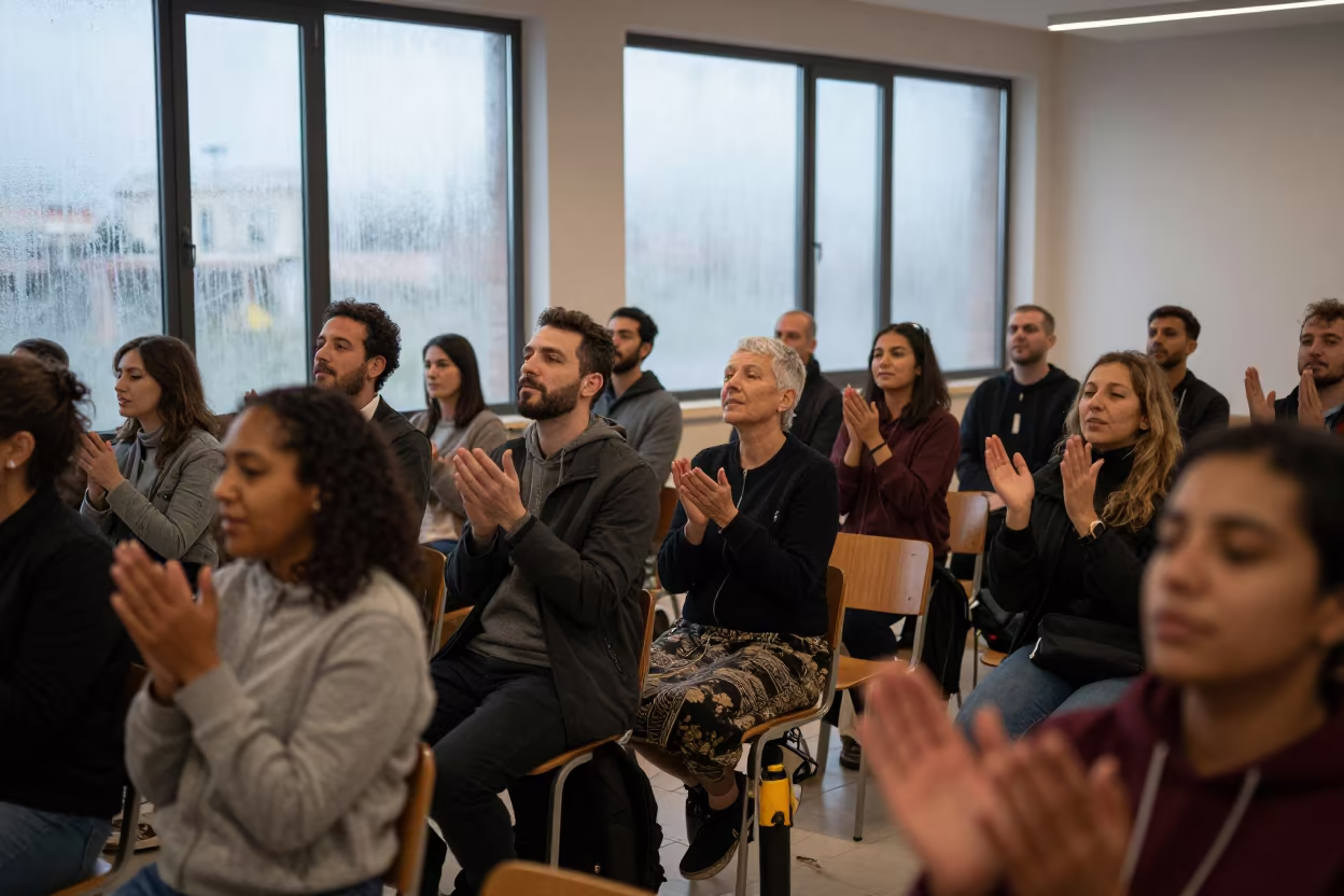 Audience Rising for Standing Ovation in Skikda Rehearsal Hall in in a rehearsal room in Skikda