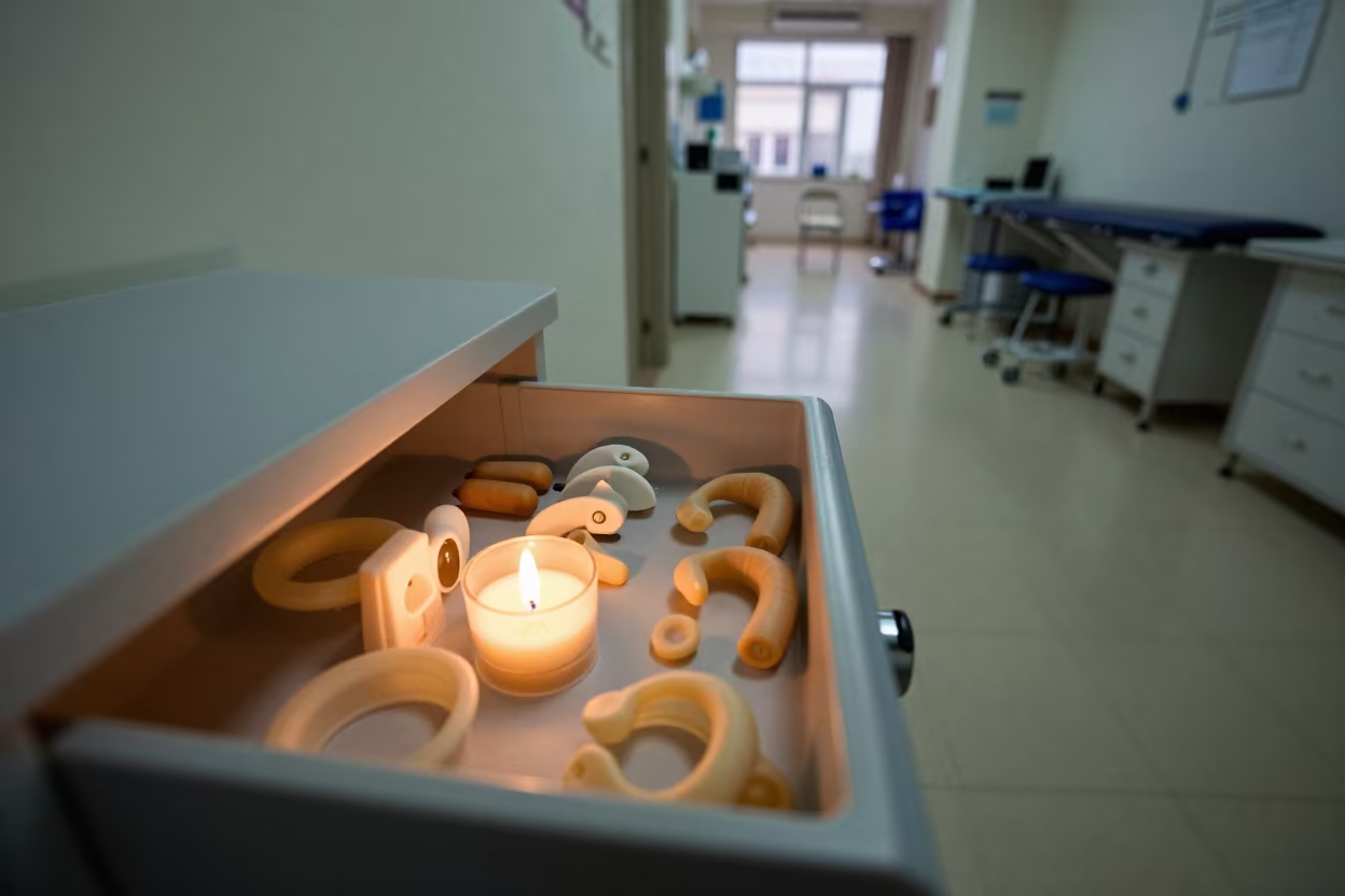 Audiology Ear Mold Drawer in Eskişehir Clinic in along a therapy corridor with organized equipment in Eskişehir