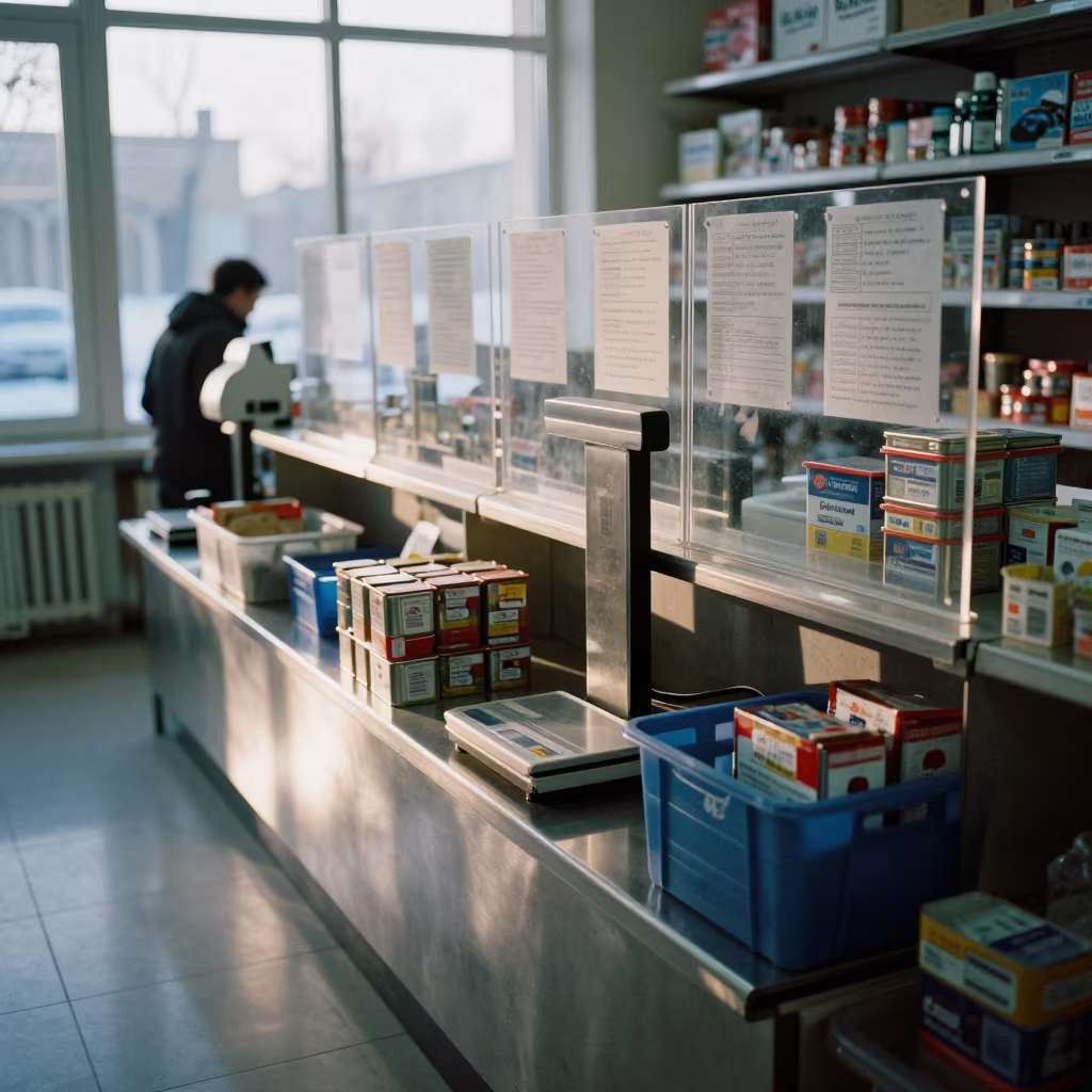 Audit Scale Tin in Fergana Store Morning Light in inside a storefront prepared for opening in Fergana