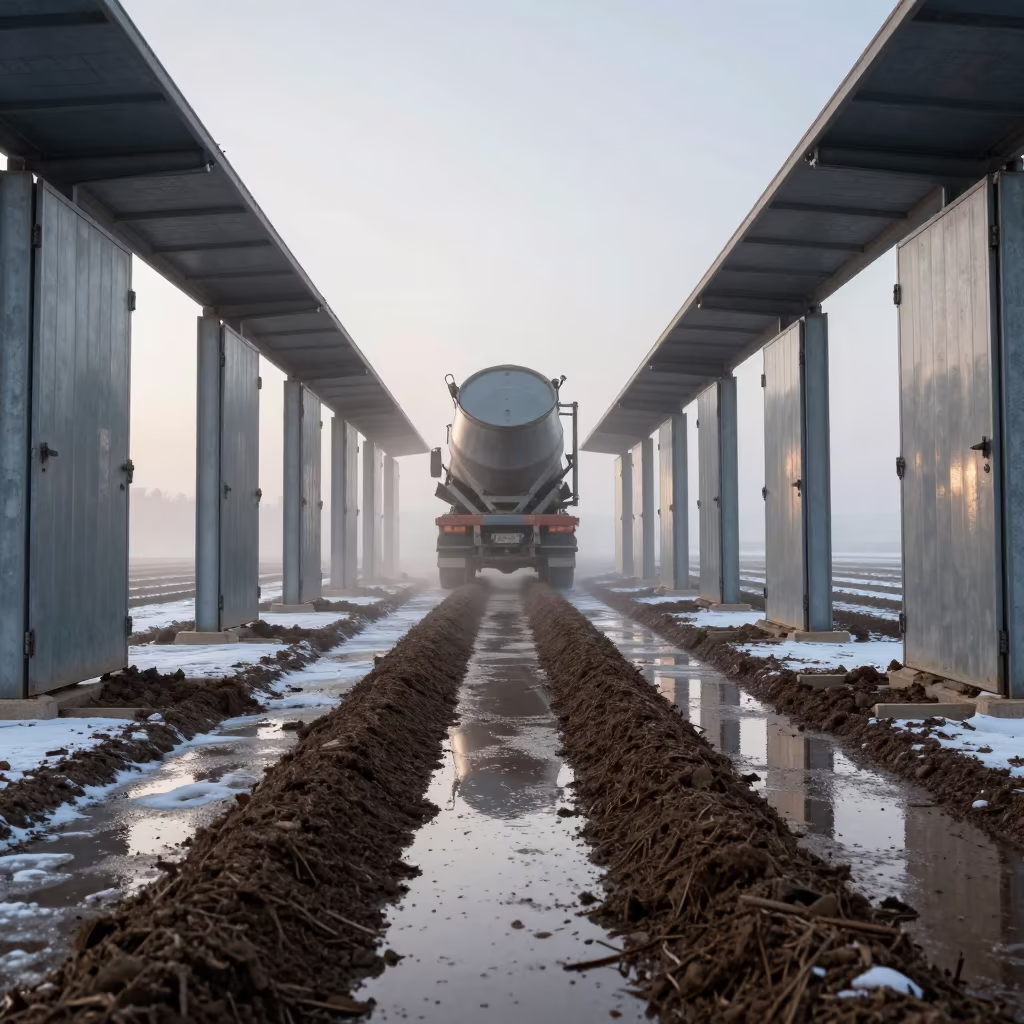 Auger Truck Lane with Identical Doors in Winter Fog in along freshly irrigated rows near Ksar el-Kebir