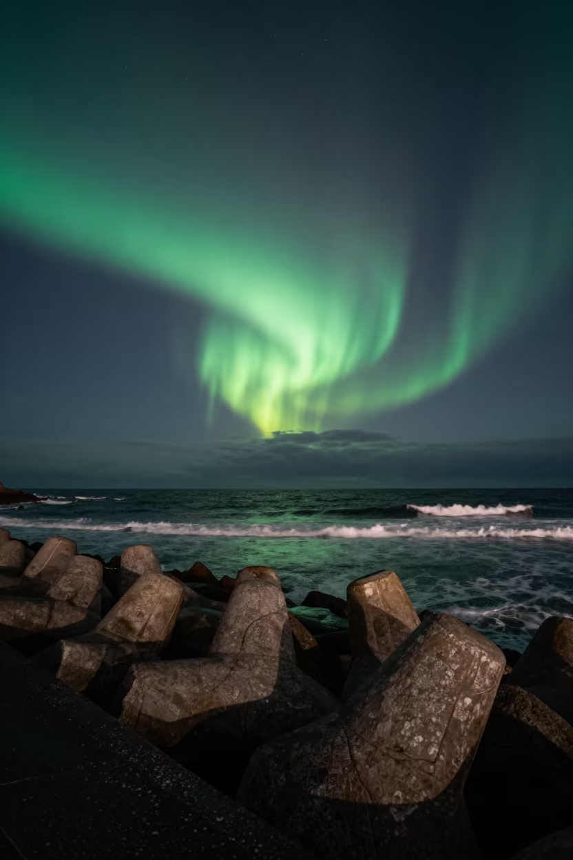 Aurora Australis Over British Columbia Coastline in from a moonlit breakwater in British Columbia