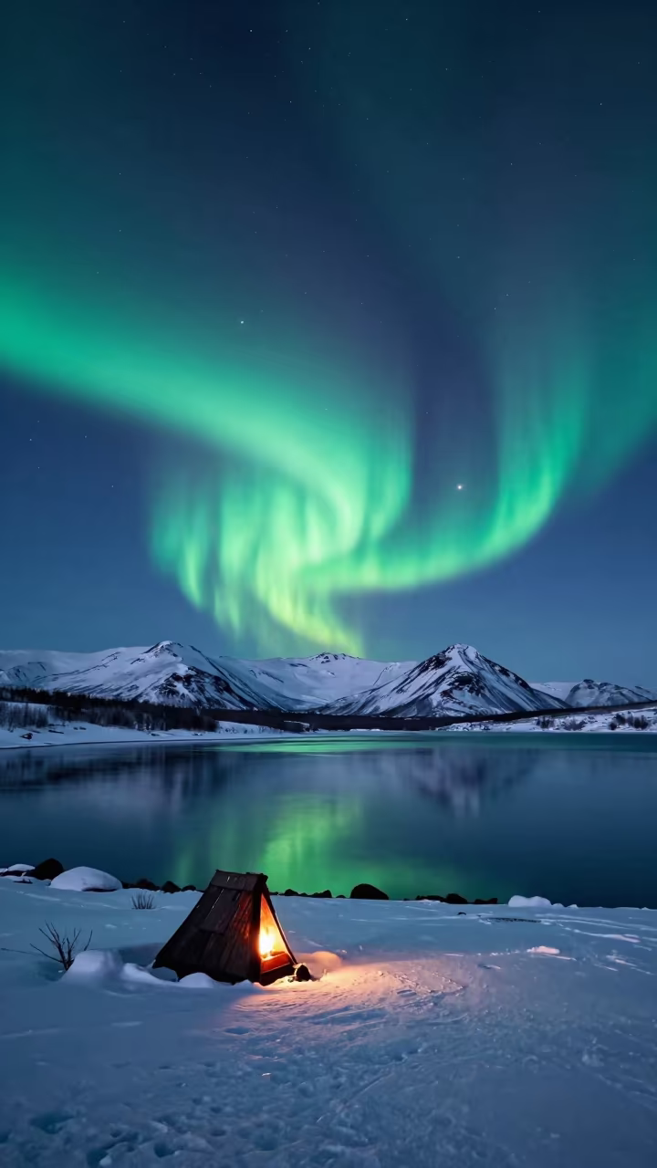 Aurora Australis Over Russian Winter Coastline in from a frost-hushed ridgeline in Russia