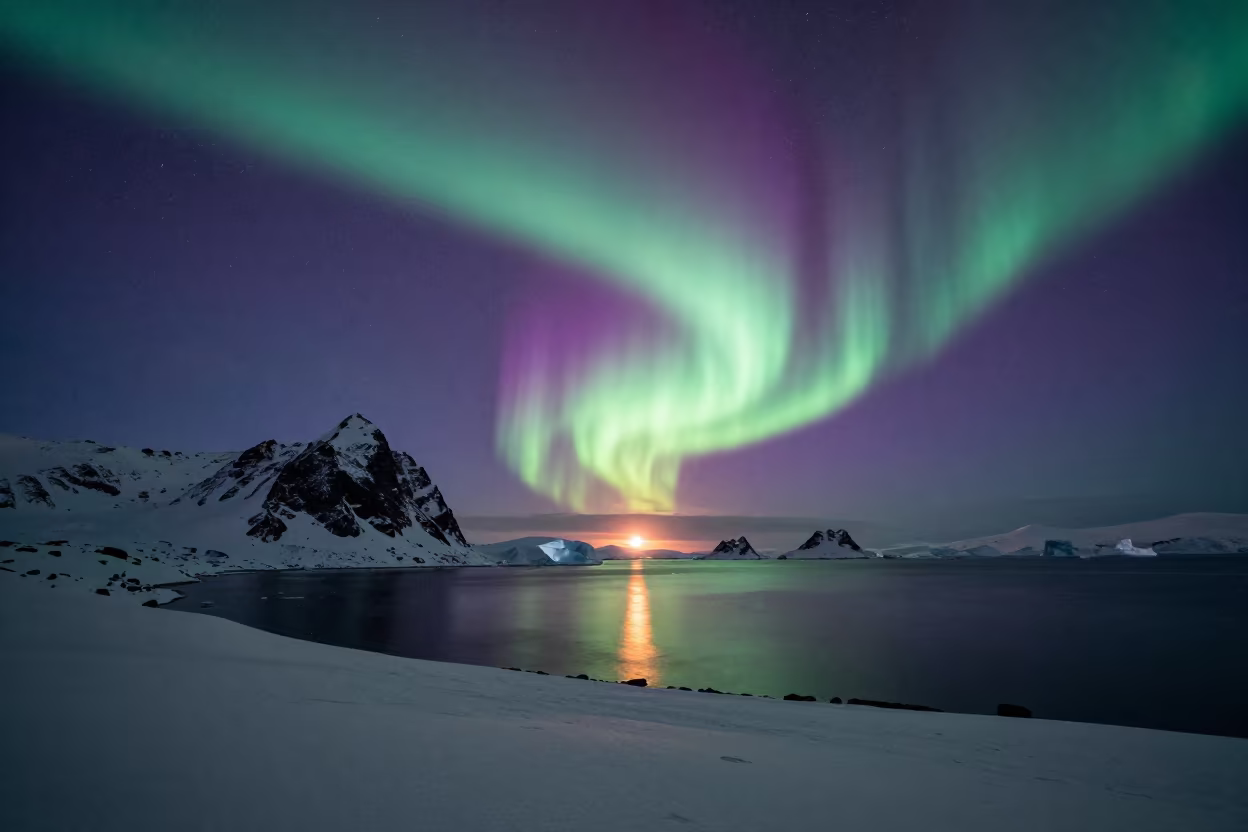 Aurora Southern Lights Over Snowy Subantarctic Island in near Sapporo