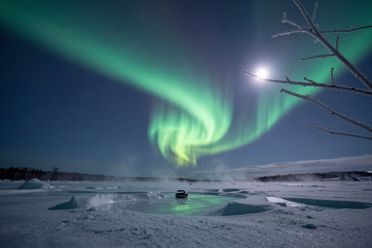 Aurora Australis Over Swedish Sea Ice at Dawn in from a frost-hushed ridgeline in Sweden