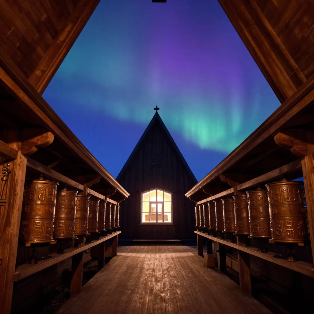 Aurora Behind Stave Church Prayer Wheel in beside a prayer wheel corridor in Reykjavik