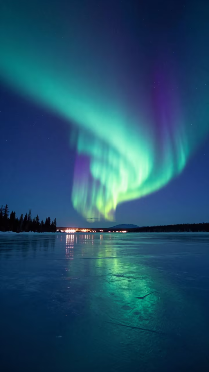 Aurora Borealis Over Frozen Lake at Night in from a quiet alpine saddle in Northwest Territories