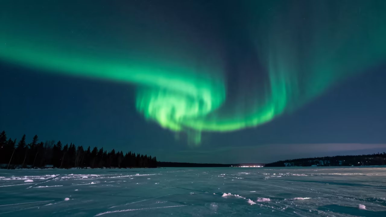 Aurora Borealis Over Frozen Vancouver Street in under a band of cold starlight near Main Street, Vancouver