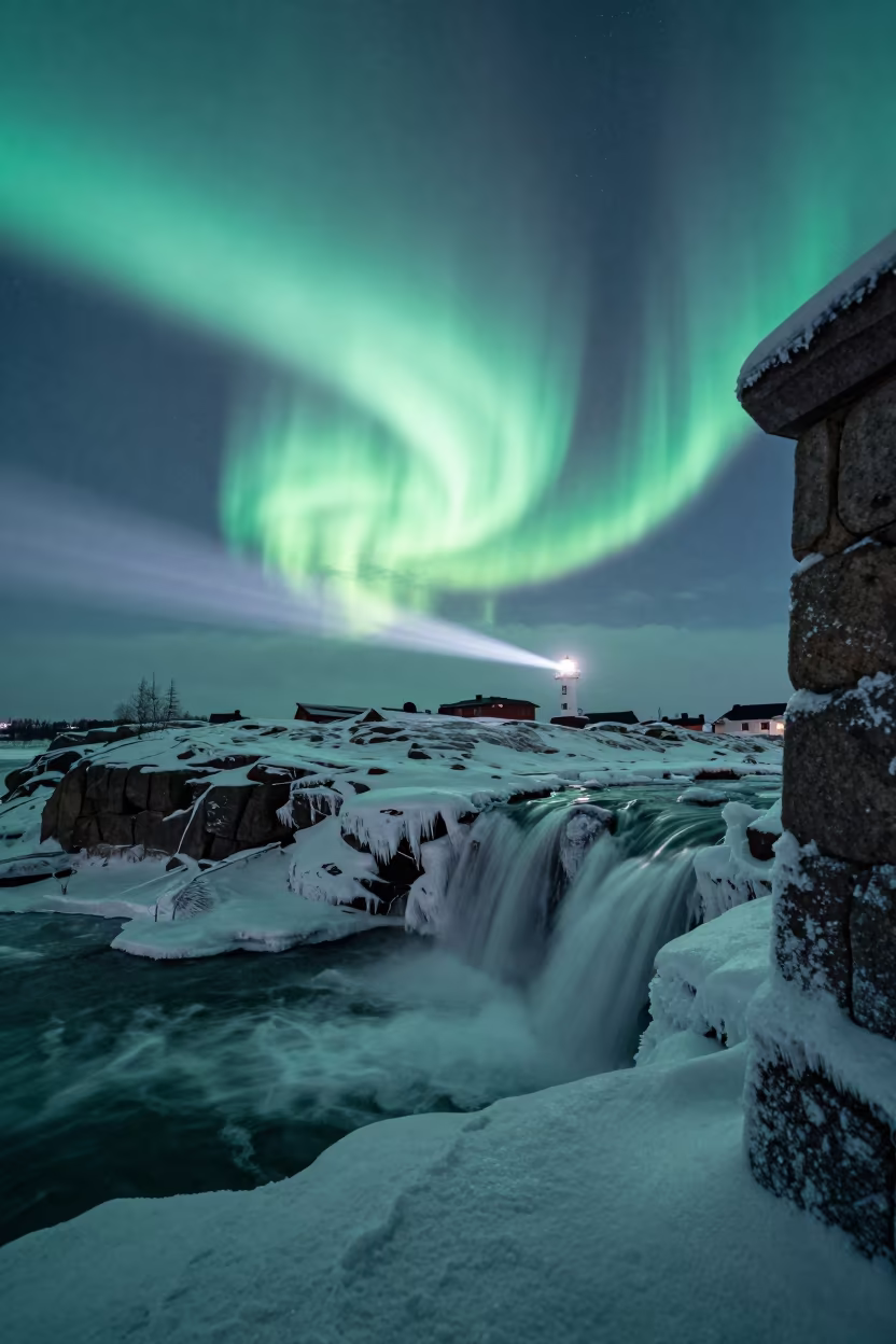 Aurora Borealis Over Frozen Waterfall at Midnight in from a frost-hushed ridgeline near Suomenlinna, Helsinki