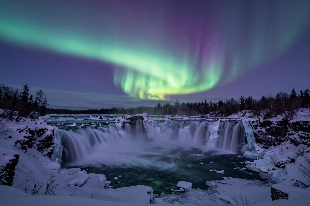 Aurora Borealis Over Frozen Quebec Waterfall Night in from a frost-hushed ridgeline in Quebec