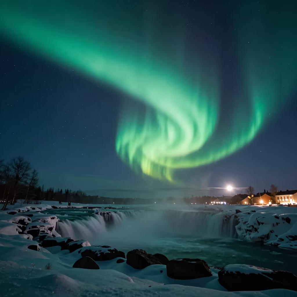 Aurora Borealis Over Frozen Waterfall Stockholm in from a moonlit breakwater near Stockholm