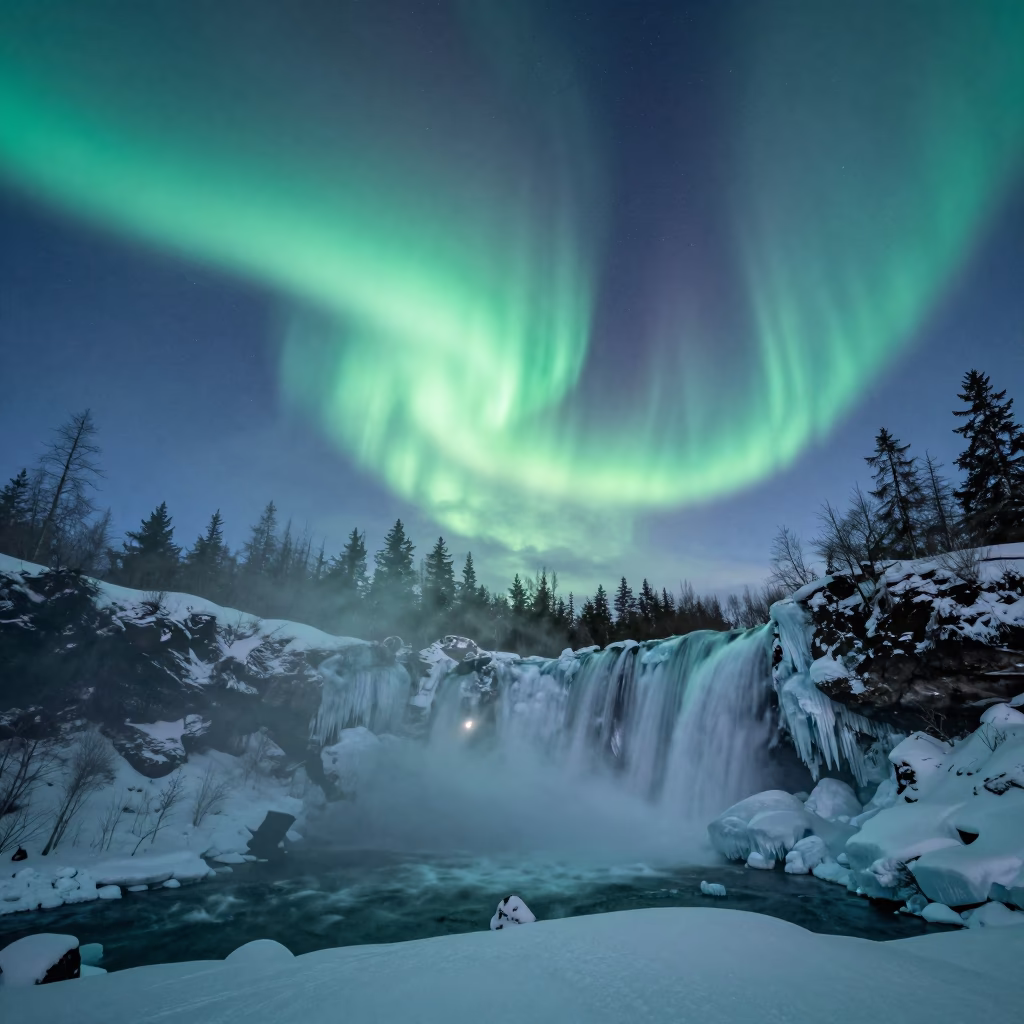 Aurora Borealis Over Frozen Waterfall Vancouver in from a quiet alpine saddle near Vancouver