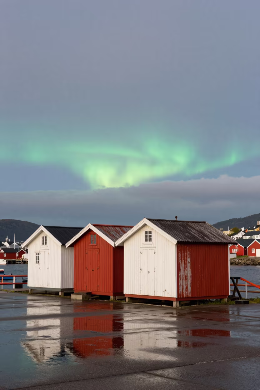 Aurora Borealis Over Oslo Fishing Huts at Noon in at a public square in Oslo