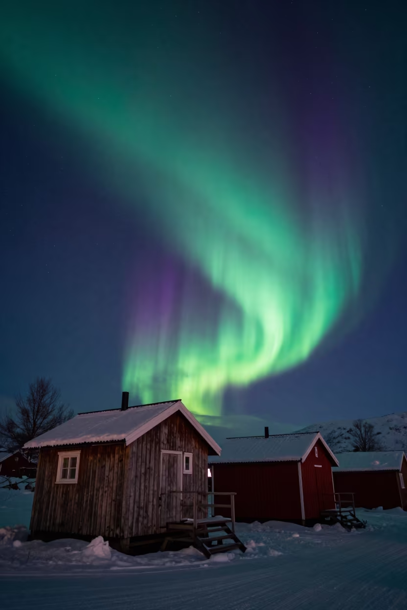 Aurora Borealis Over Oslo Fishing Huts Winter Night in in Oslo