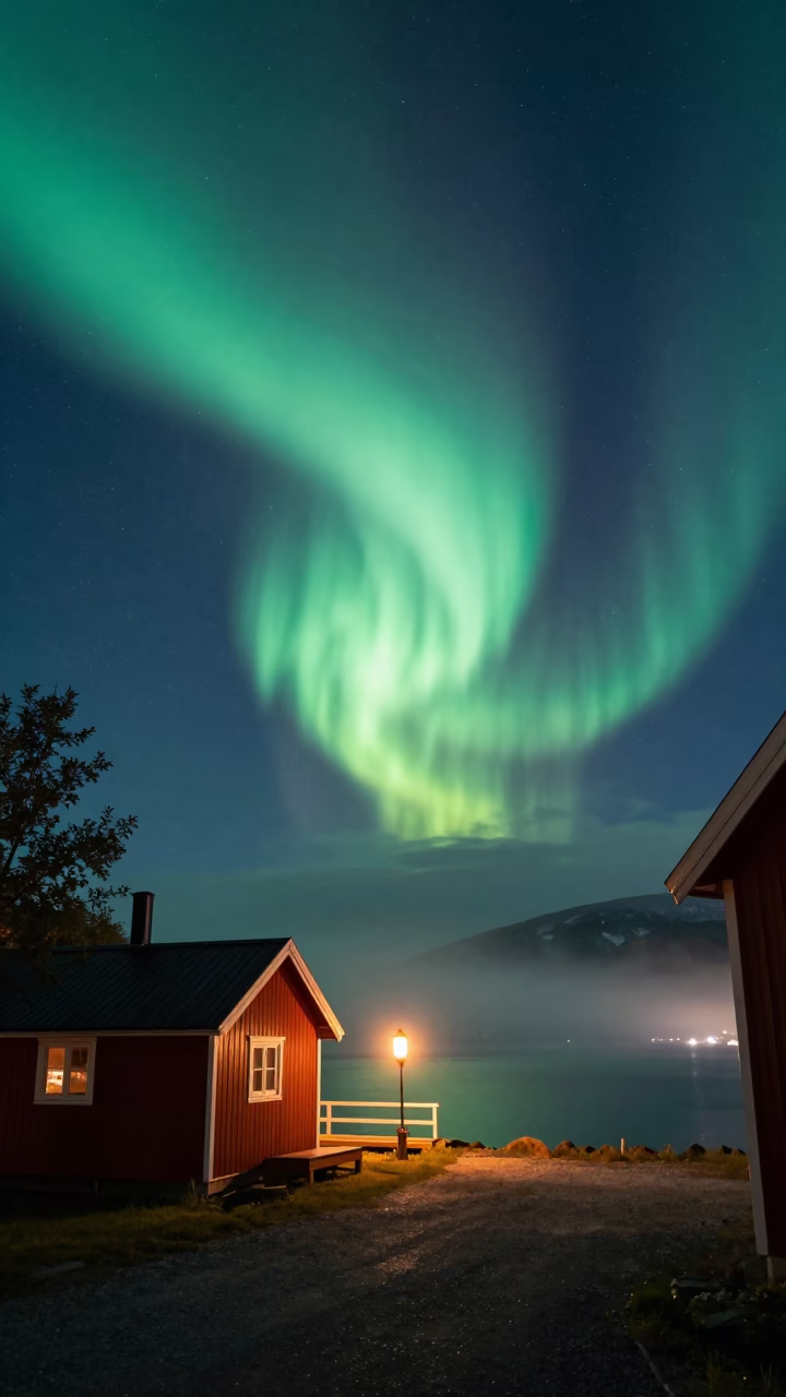 Aurora Borealis Over Alaska Harbor Cabin in beside a lantern-dotted harbor in Alaska