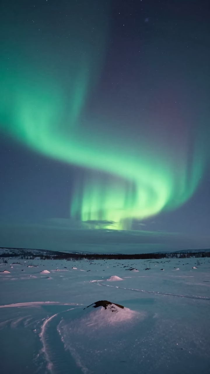 Aurora Borealis Over Finnish Tundra at Midnight in in Finland