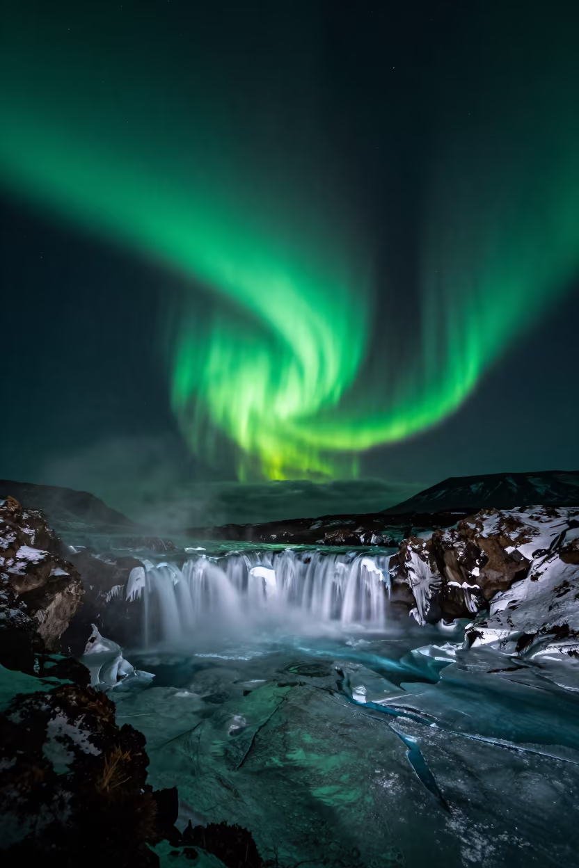 Aurora Borealis Over Frozen Waterfall Iceland in from a frost-hushed ridgeline in Iceland