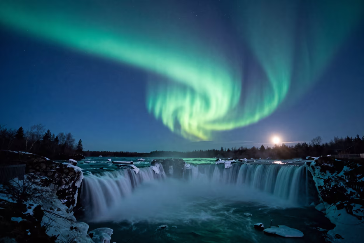 Aurora Borealis Over Frozen Waterfall in from a moonlit breakwater in Canada