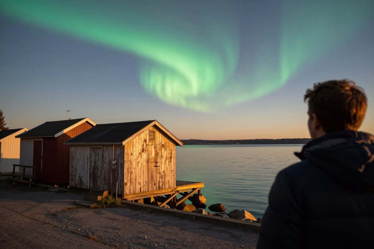 Aurora Borealis Over Kitsilano Fishing Huts at Golden Hour in at a harbor edge in Kitsilano, Vancouver