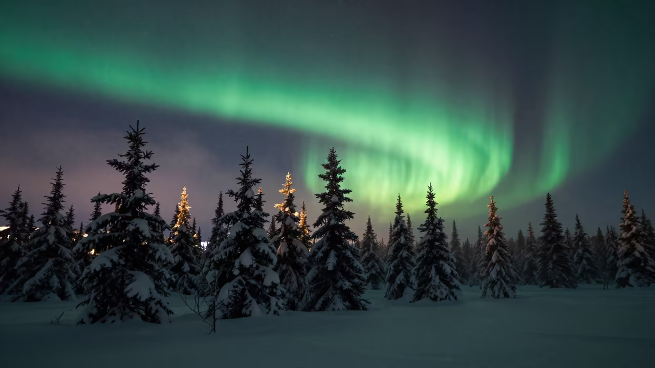 Aurora Borealis Over Snow Spruce Canada Night in from a frost-hushed ridgeline in Canada