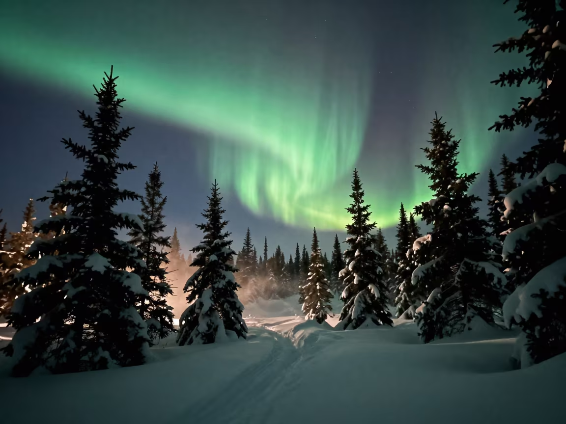 Aurora Borealis Over Spruce Forest Canada in beneath a dark-sky overlook in Canada