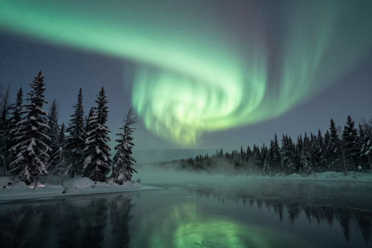 Aurora Borealis Over Spruce Trees in Anchorage in under a band of cold starlight near Anchorage