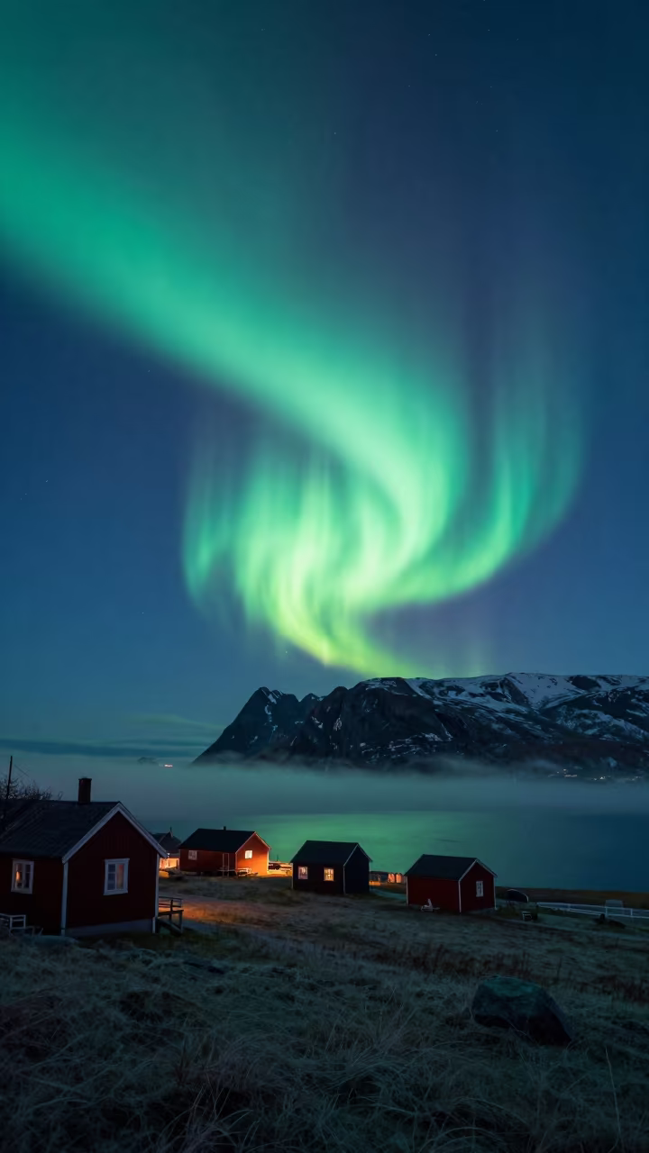 Aurora Borealis Over Toolo Fjord Village in from a frost-hushed ridgeline near Toolo, Helsinki
