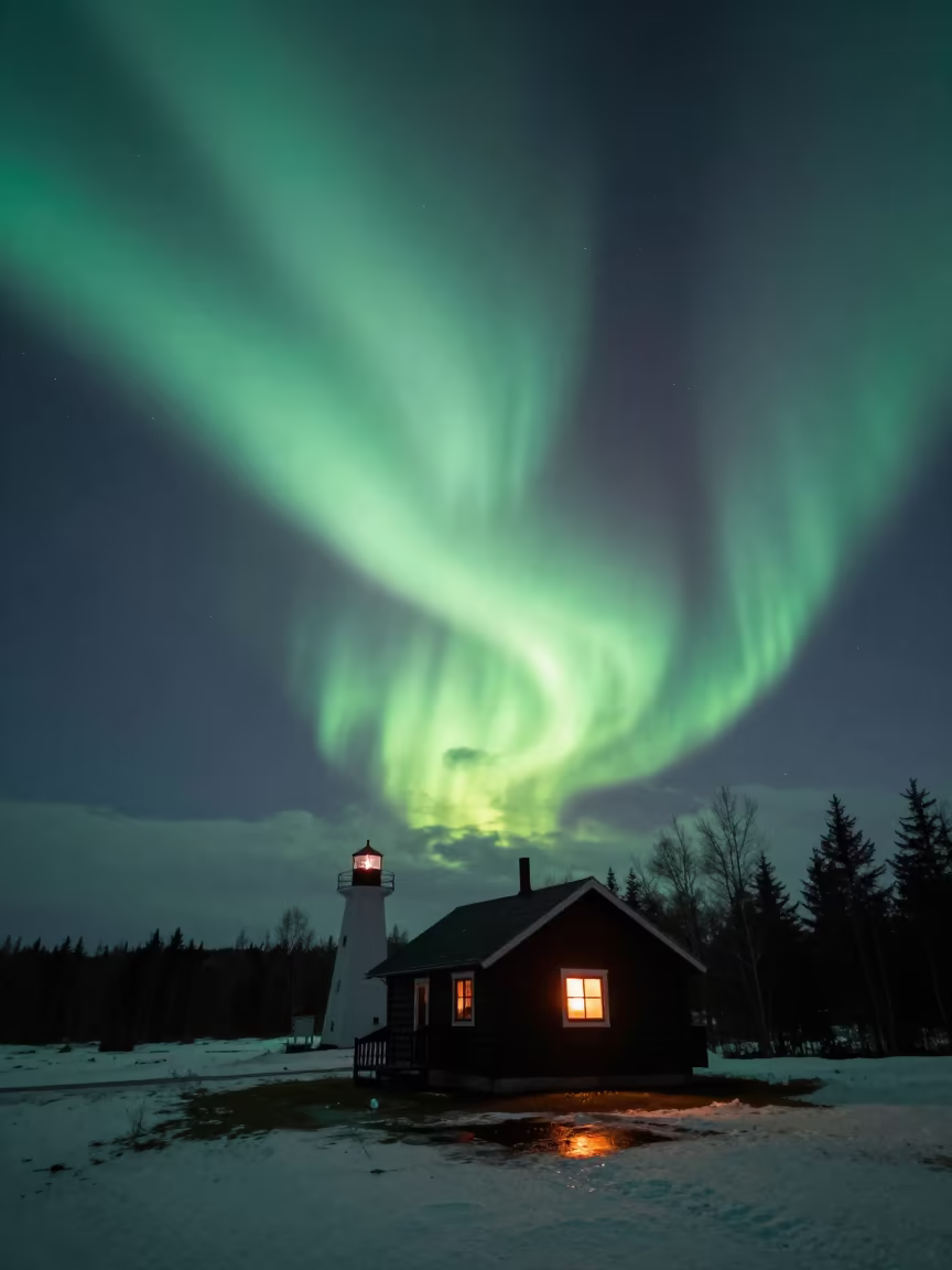 Aurora Borealis Over Wooden Cabin in Ontario in from a quiet alpine saddle in Ontario