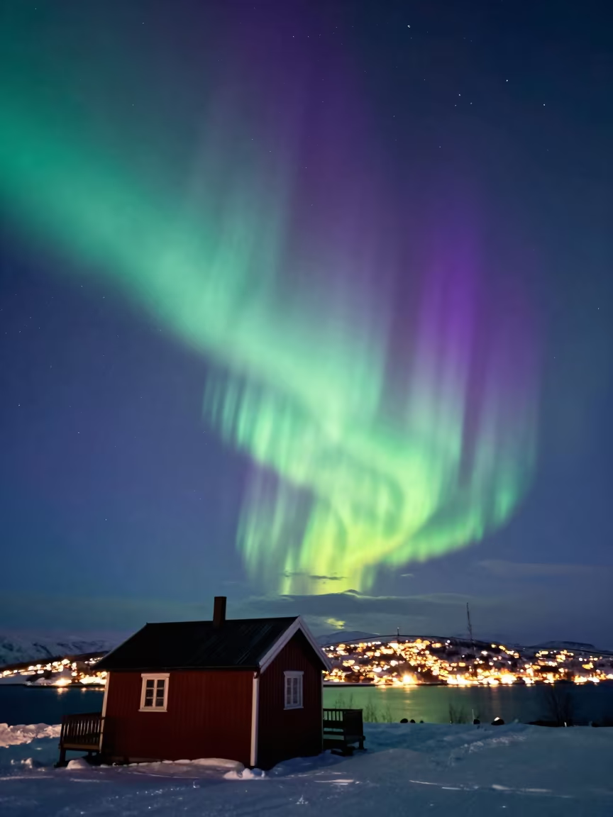 Aurora Borealis Over Wooden Cabin Near Tromsø in under the clearest stretch of sky near Tromsø