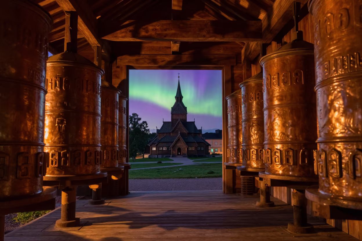 Aurora Borealis Purple Green Behind Stave Church in beside a prayer wheel corridor in Suomenlinna, Helsinki