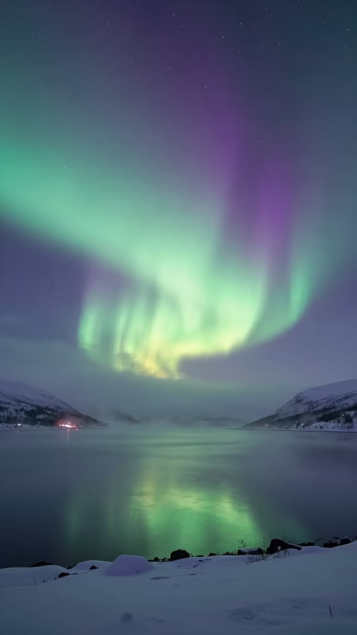 Aurora Borealis Reflected in Misty Fjord in beneath a hard winter sky over snowfields in Lapland
