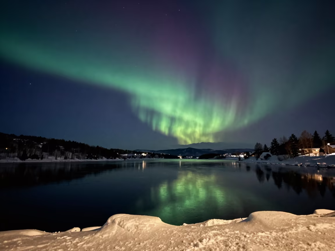 Aurora Borealis Reflected in Sapporo Fjord Winter Night in from a frost-hushed ridgeline near Sapporo