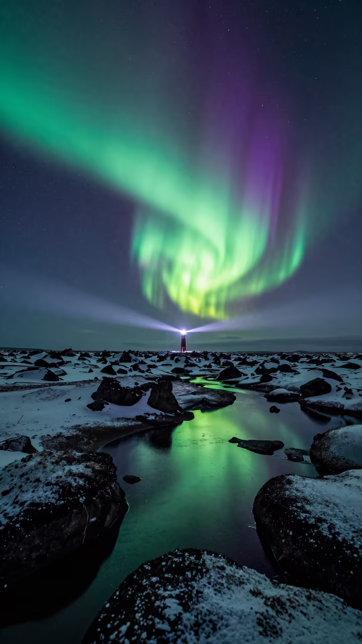 Aurora Borealis Reflecting in Meltwater Pools in in Iceland