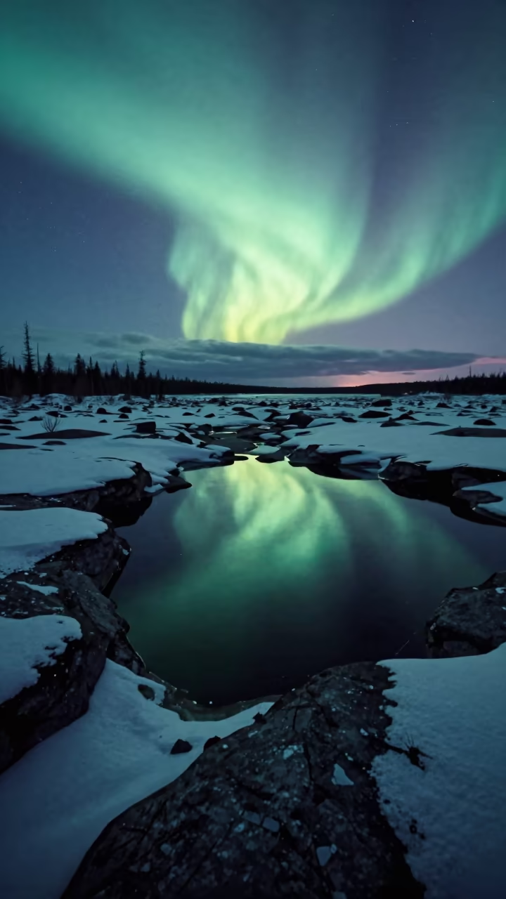 Aurora Borealis Reflections on Winter Moraine Pools in beneath a hard winter sky over snowfields in Ontario