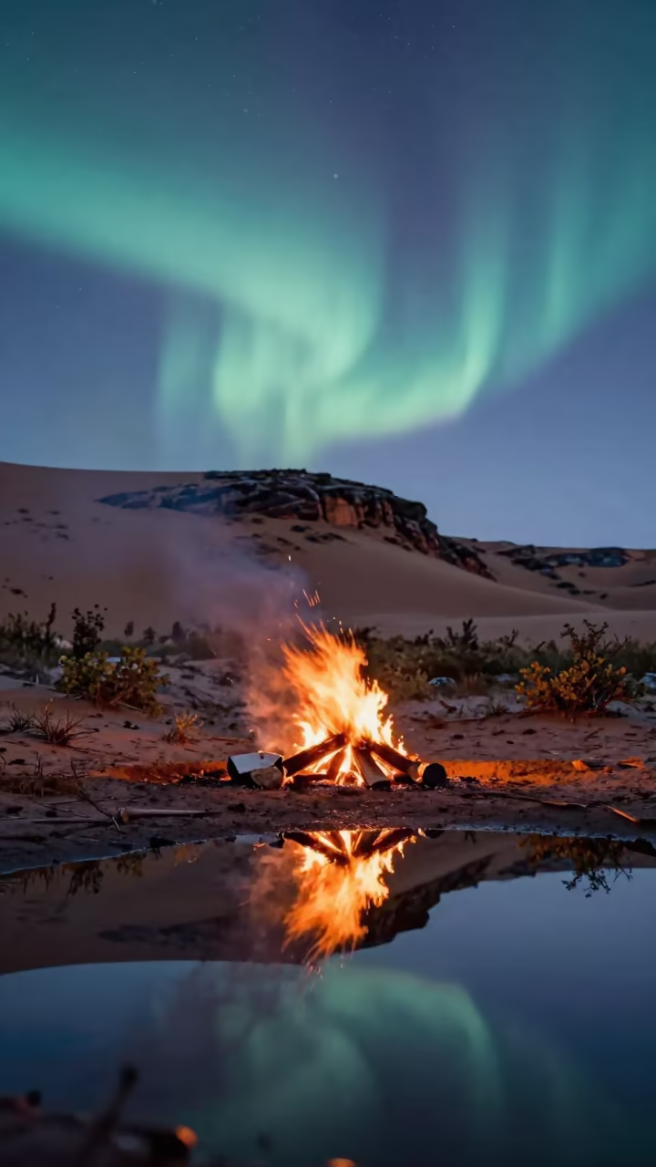 Aurora and Campfire Reflected in Swedish Desert in beneath a wind-cut desert escarpment in Sweden