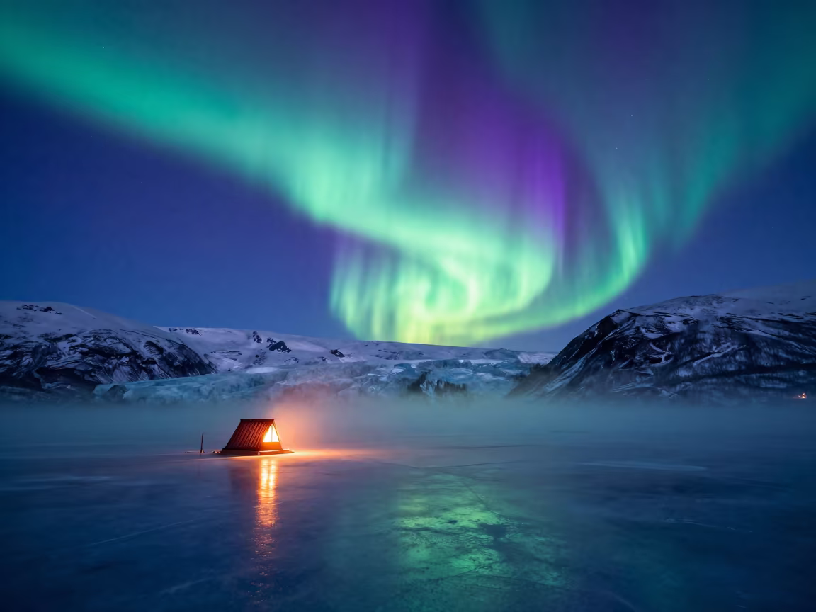 Green and Violet Aurora Over Winter Glacier Near Oslo in under the clearest stretch of sky near Oslo