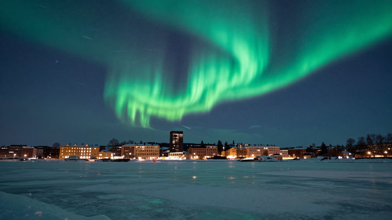 Aurora Curtain Over Helsinki Coast Before Dawn in under the clearest stretch of sky near Design District, Helsinki