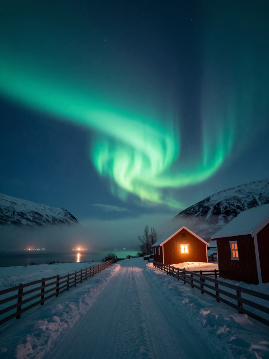 Aurora Curtain Over Misty Norwegian Farm Lane in under a band of cold starlight in Norway