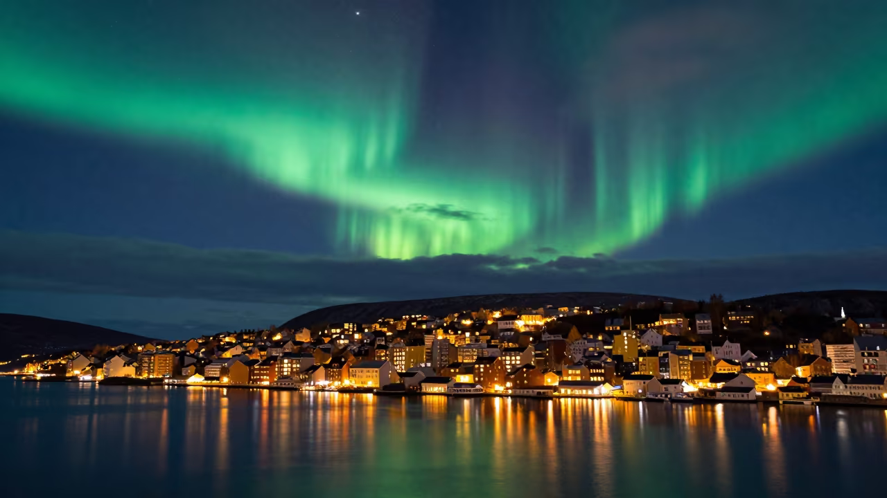 Aurora Curtain Over Norwegian Ridge in beneath thin cloud gaps and stars in Norway