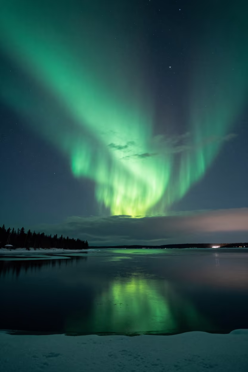 Aurora Curtain Over Winter Ontario Coast in beneath thin cloud gaps and stars in Ontario