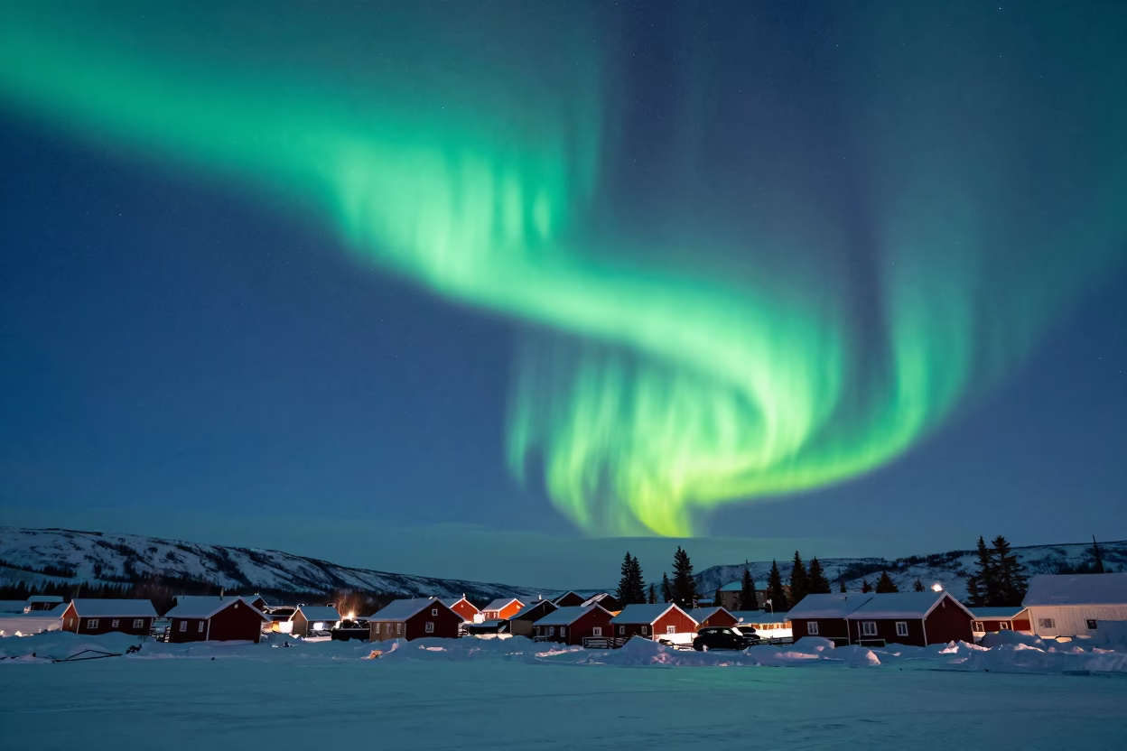 Aurora Curtains Over Alberta Fjord Village at Blue Hour in under the clearest stretch of sky in Alberta