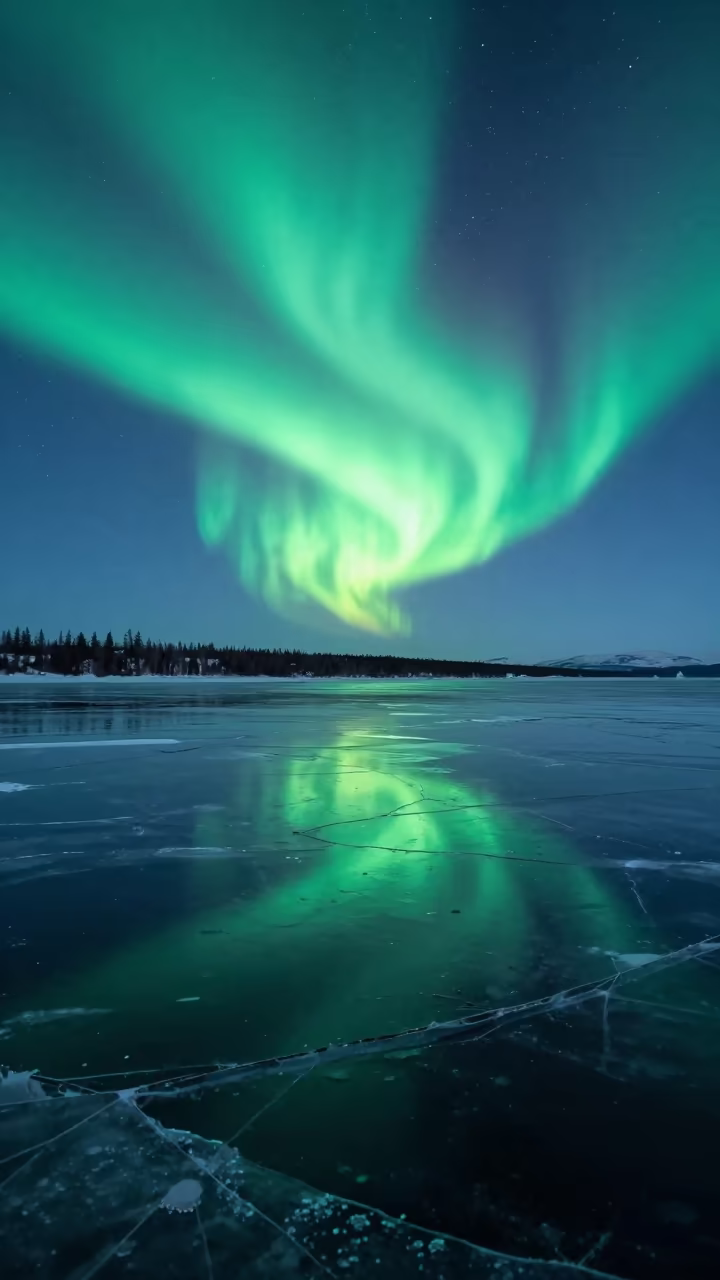 Aurora Green Reflections on Frozen Fjord in from a frost-hushed ridgeline near Yellowknife