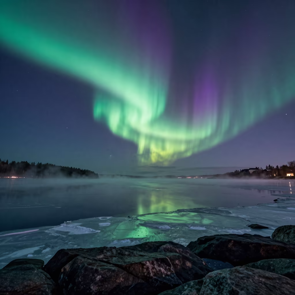 Aurora over Helsinki Coast Predawn Mist in near Helsinki