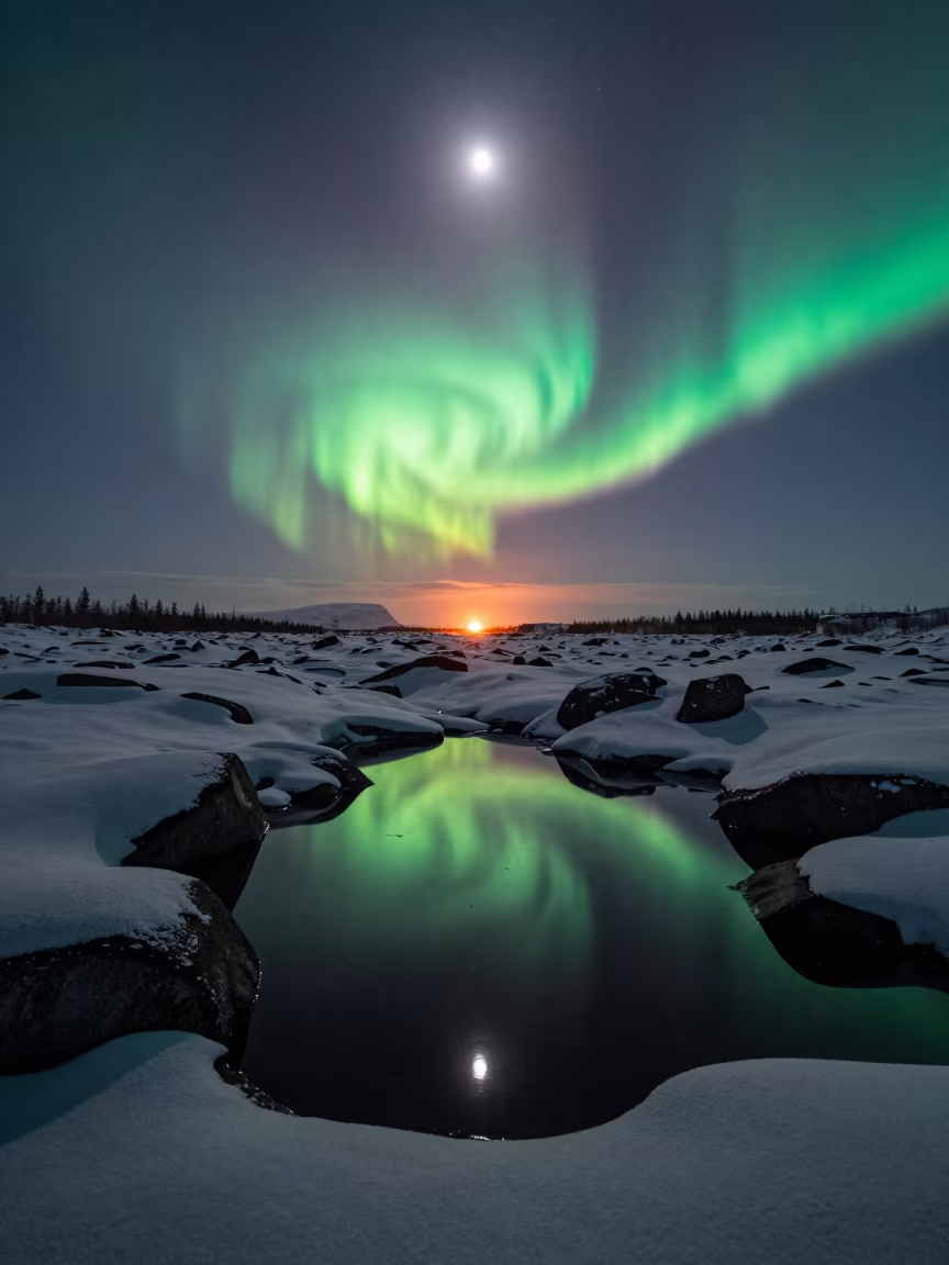 Aurora Meltwater Pools Moraine Midnight Sun in from a frost-hushed ridgeline near Rovaniemi