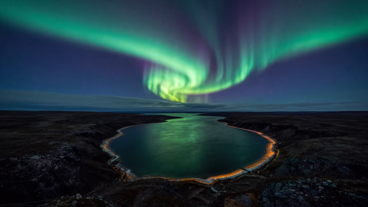 Aurora Over Canadian Tundra Shoreline Midnight in along a wave-cut shoreline in Canada