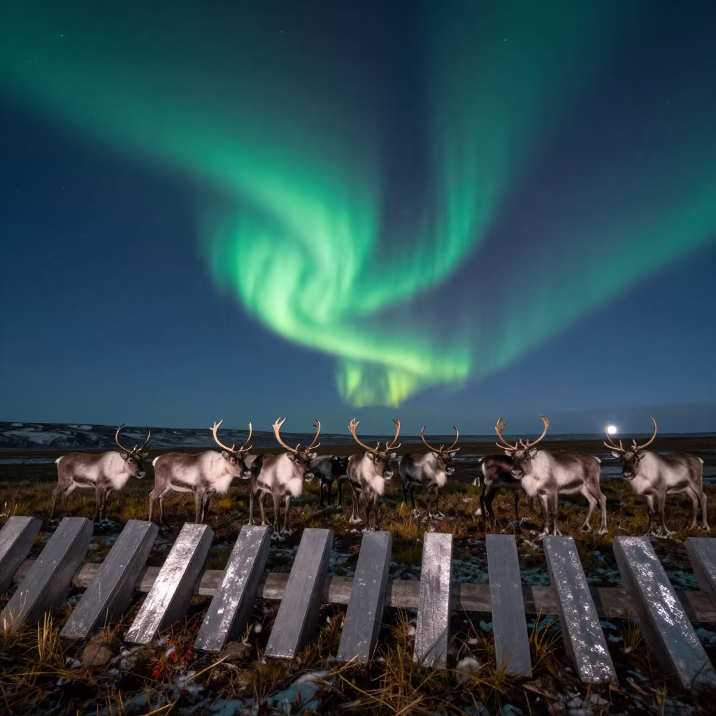 Aurora Over Caribou Herd on Moonlit Breakwater in from a moonlit breakwater near Dinajpur