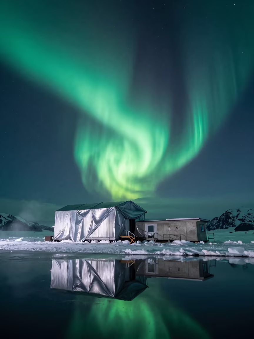 Aurora over Fabric Metal Station in beneath a hard winter sky over snowfields in British Columbia