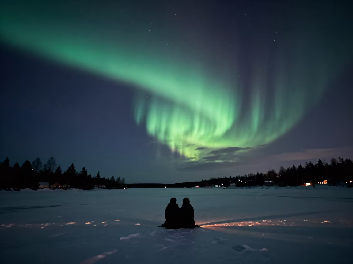 Aurora Over Frozen Tundra Lake at Midnight Stockholm in beneath a hard winter sky over snowfields near Kungsholmen, Stockholm
