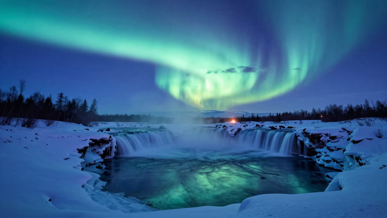 Aurora Over Frozen Yukon Waterfall Night in beneath thin cloud gaps and stars in Yukon